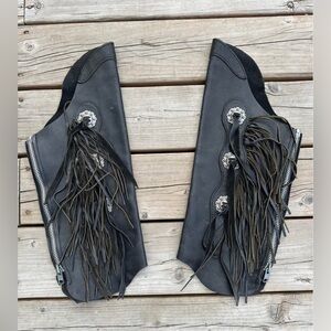 Leather Legs Black Half Chaps with Fringe